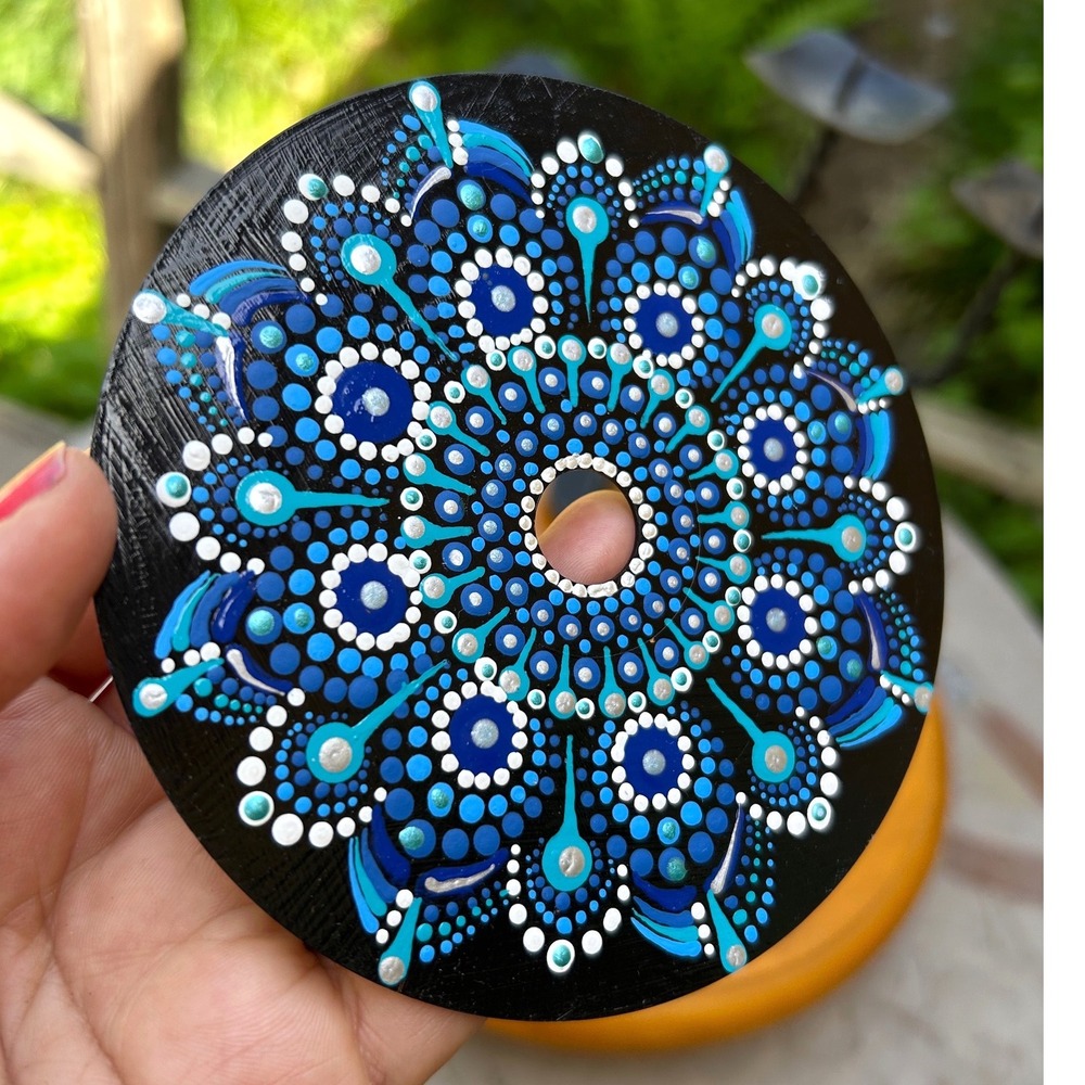 Vintage Blue Dot Mandala Art Painted CD‎ Decor Hippie Boho Wall Hanging Handmade